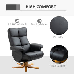 Recliner Armchair, Swivel Reclining Chair With Ottoman, Swivel Faux Leather Chair with Wooden Base and Storage Footstool for Living Room, Black