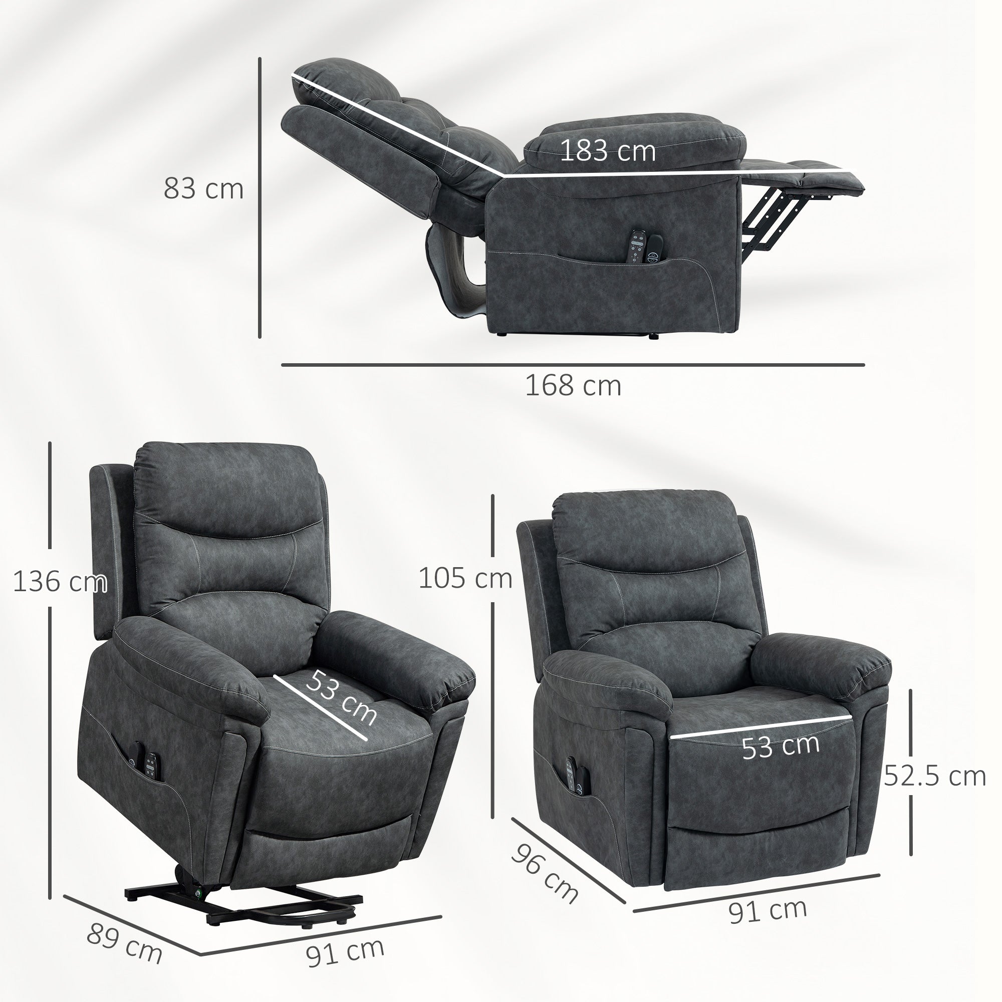 Fynco - Power Lift Recliner Chair with Vibration Massage, Heat, USB - Grey