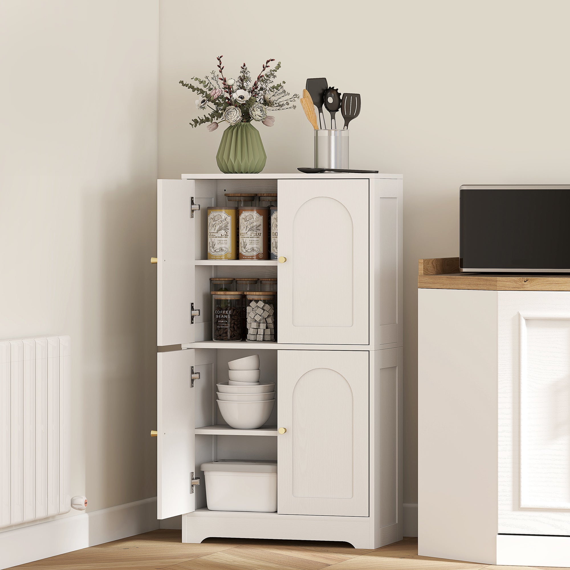 4-Door Kitchen Storage Cabinet with Adjustable Shelves - White