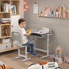 Kids Desk and Chair Set, Student Adjustable Writing Desk, with Drawer, Pen Slot, Hook - Grey