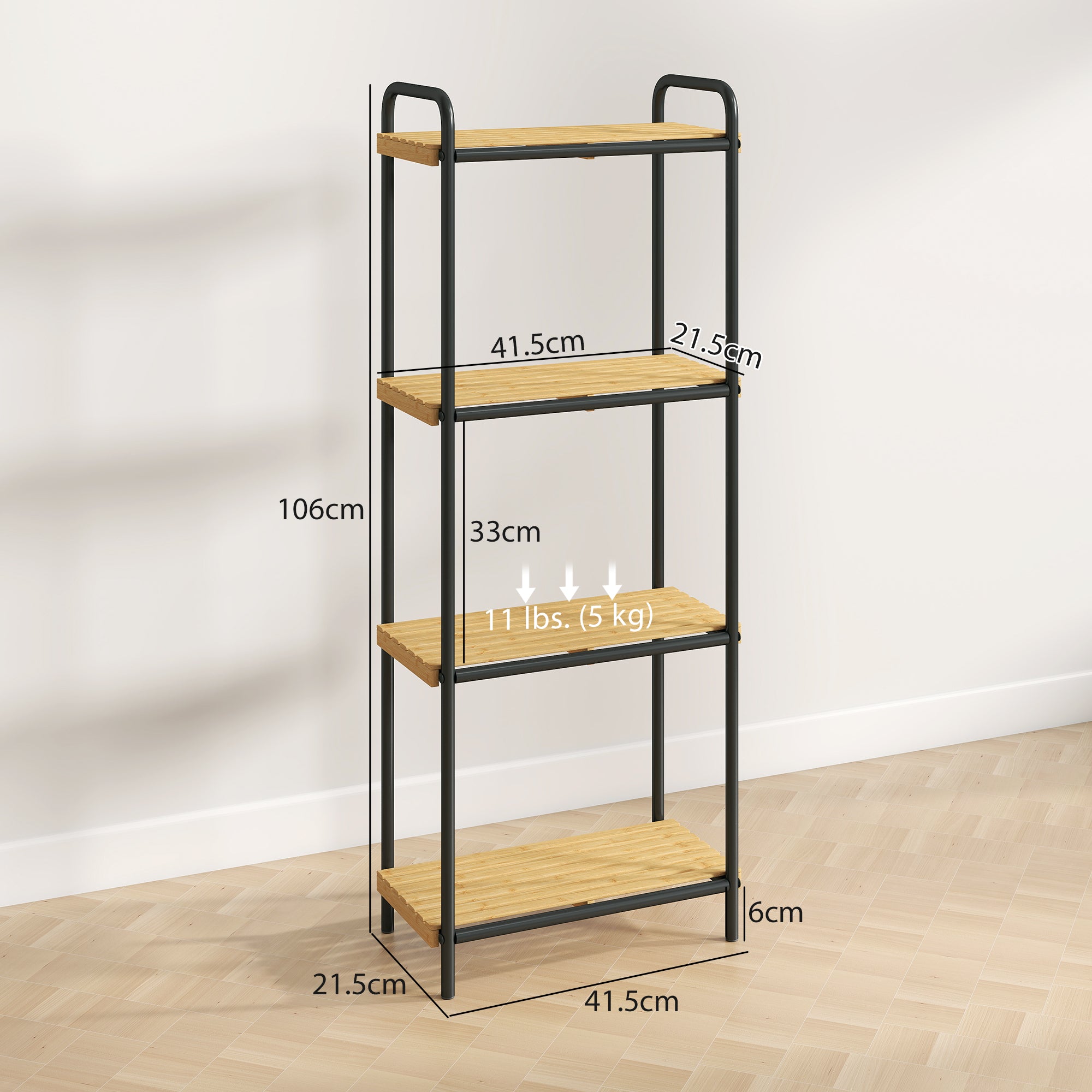 Fynco - 4-Tier Bamboo Bathroom Storage Shelf, Freestanding Narrow Shelving Unit with Slatted Shelves for Kitchen Bathroom Living Room, 41.5 x 21.5 x 106 cm, Natural and Black