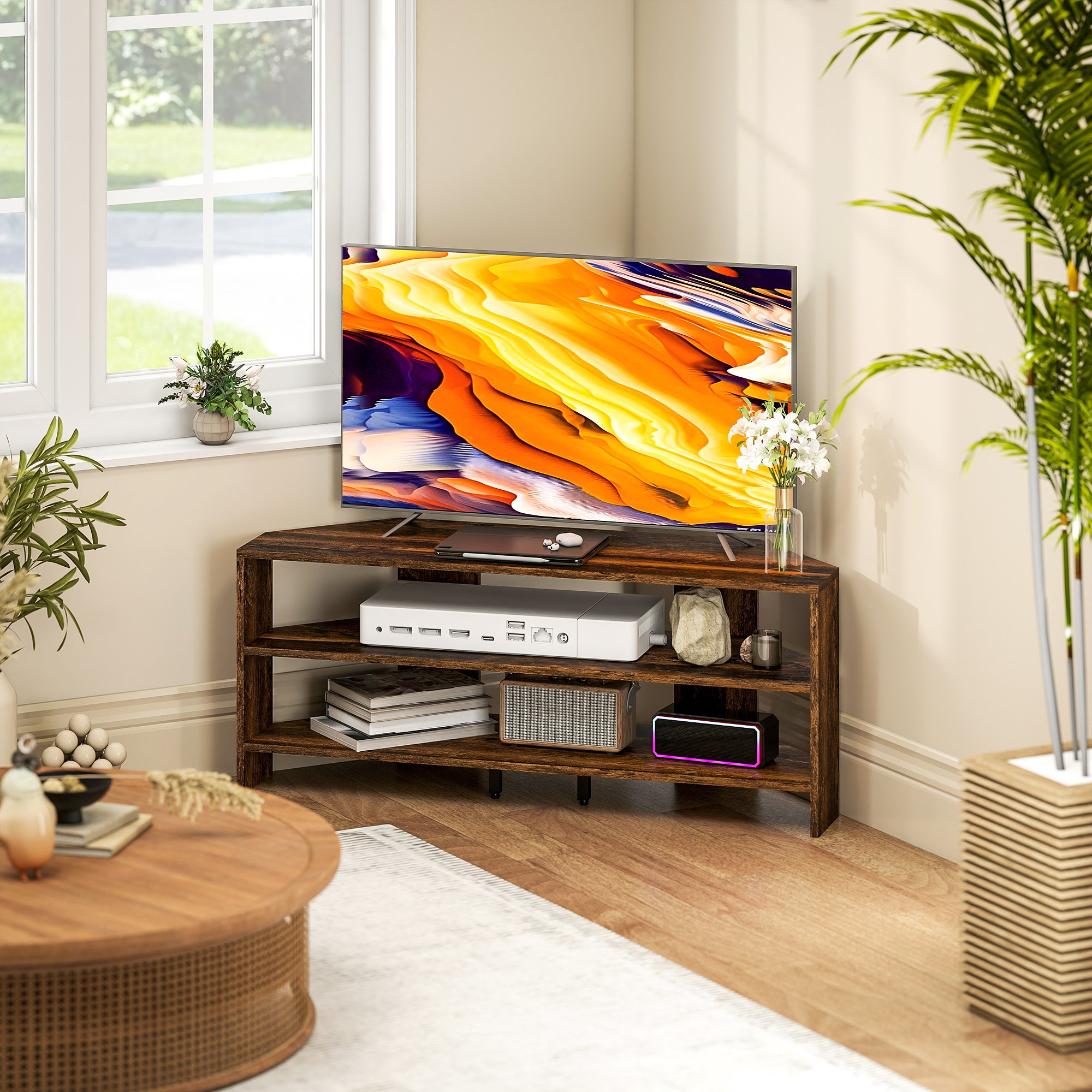 Corner TV Stand with 2 Open Shelves for 47 Inch TV - Rustic Brown