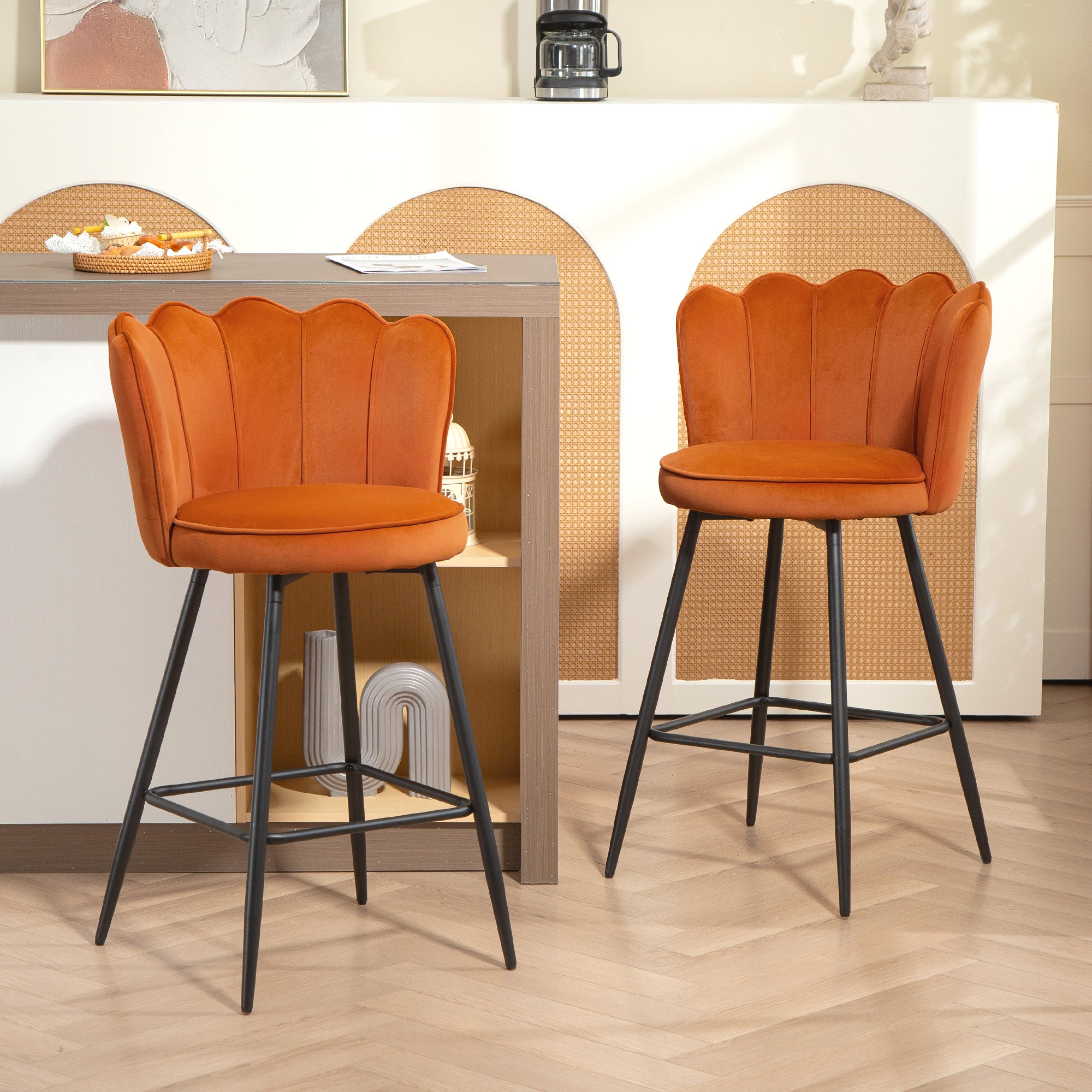 Fynco - Set of Two Velvet-Feel Lotus Bar Stools - Orange