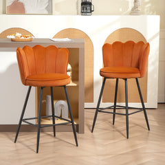 Fynco - Set of Two Velvet-Feel Lotus Bar Stools - Orange
