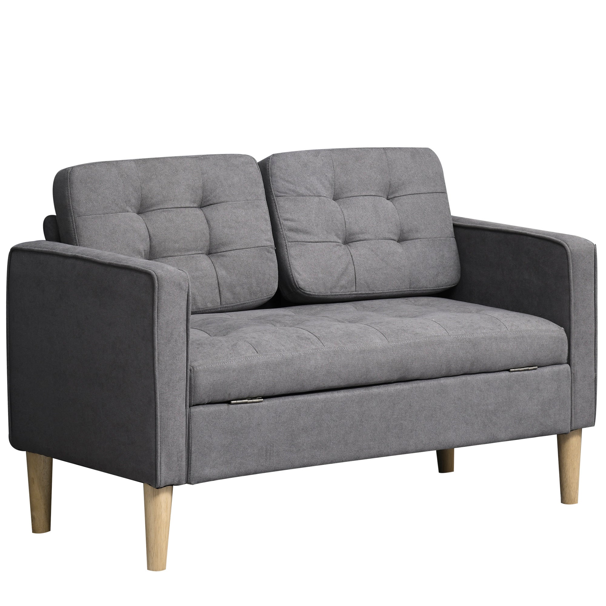 Modern 2 Seater Sofa with Hidden Storage, 117cm Tufted Cotton Couch with Wood Legs, Compact Loveseat for Living Room, Kitchen, Grey