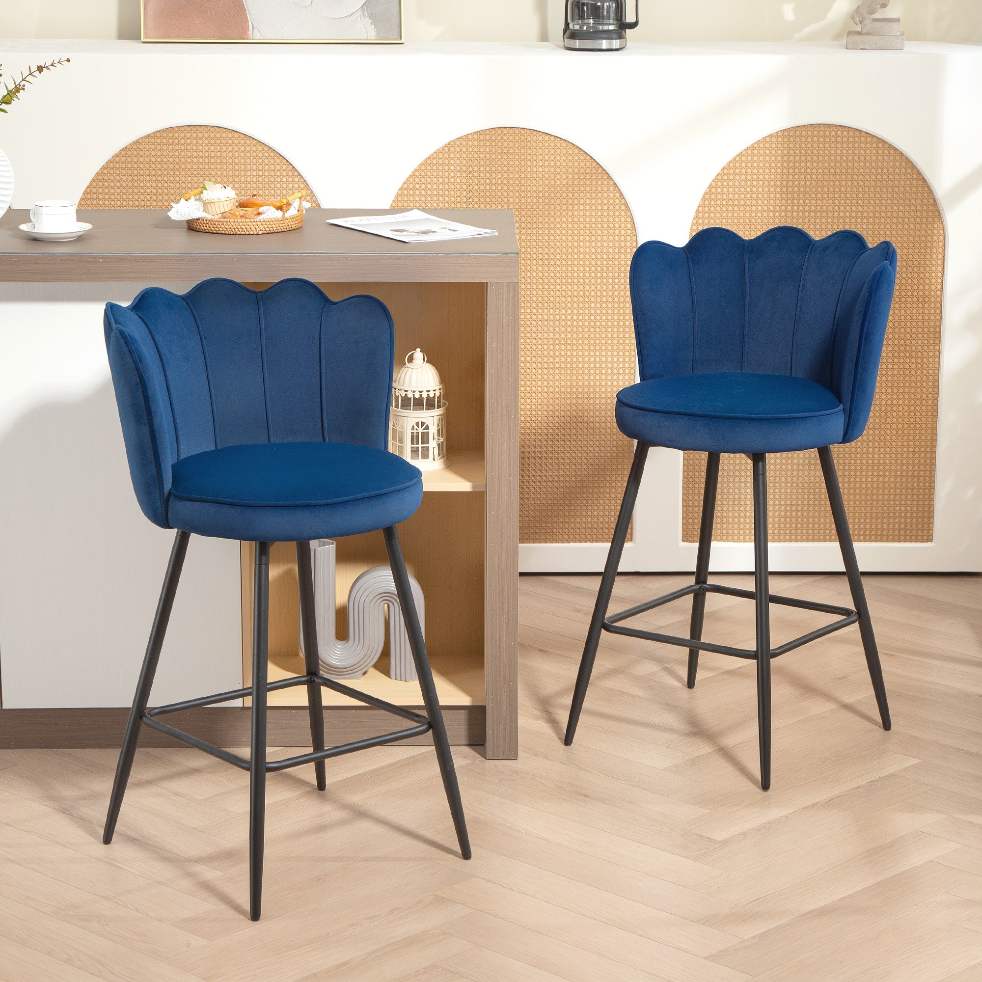 Fynco - Set of Two Velvet-Feel Lotus Bar Stools - Dark Blue