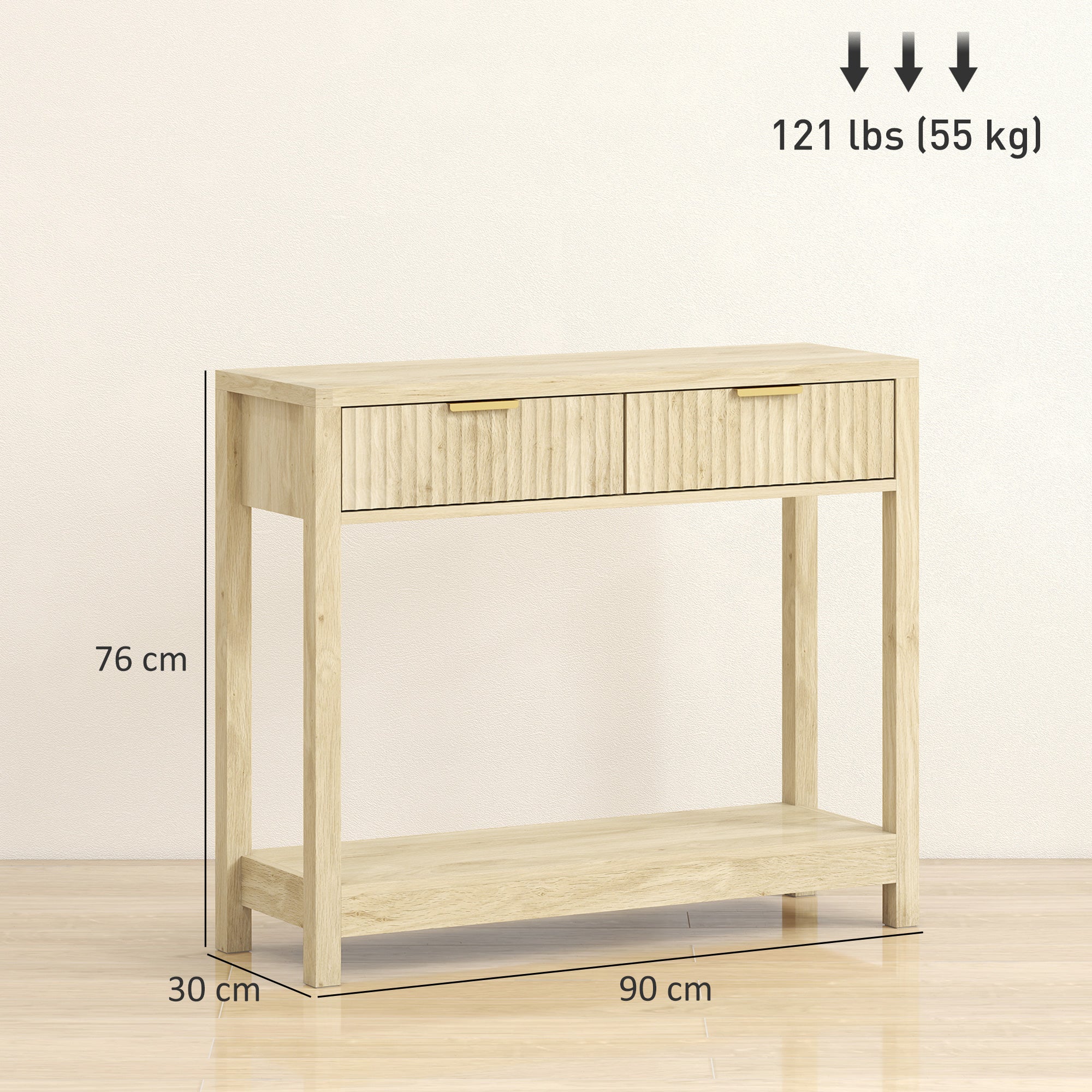 Fynco - Modern Console Table with Fluted Panel Drawers, Narrow Hallway Table with Shelf for Entryway, Living Room, 90 x 30 x 76 cm, Natural Wood Finish