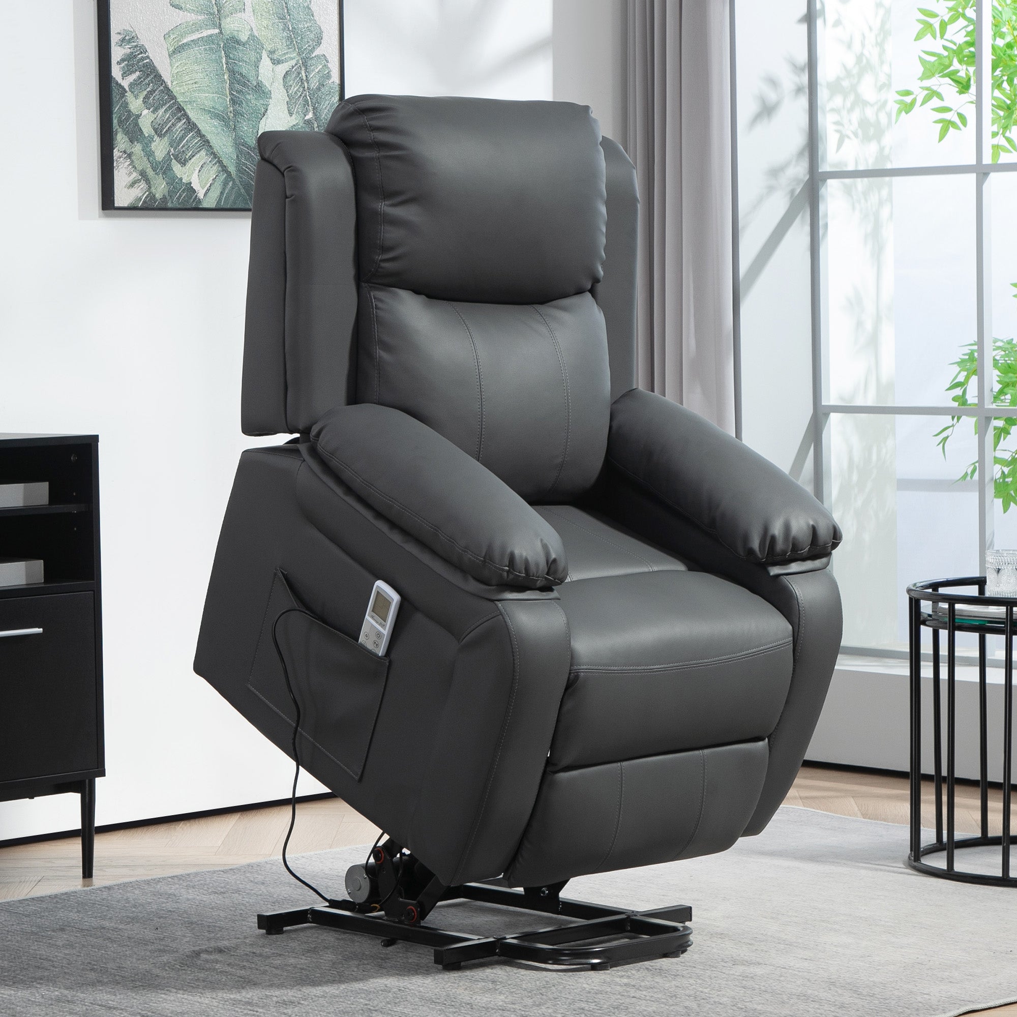 Fynco - Riser and Recliner Chair with Massage, Heat, Power Lift Recliner Chair for Elderly with Remote Control, Extended Footrest, Dual Side Pockets, Overstuffed Electric Reclining Armchair, Dark Grey