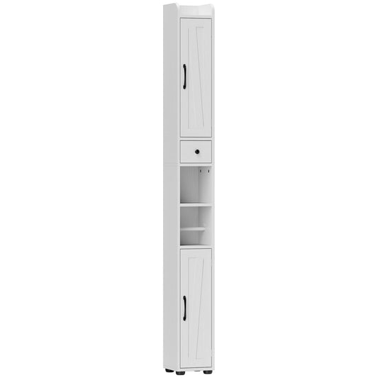 Fynco - Tall Bathroom Cabinet, Farmhouse Slim Bathroom Storage Cabinet with Barn Doors, Toilet Paper Roll Holder, Drawer and Adjustable Shelves, Narrow Bathroom Storage Unit, 20 x 20 x 185cm, White