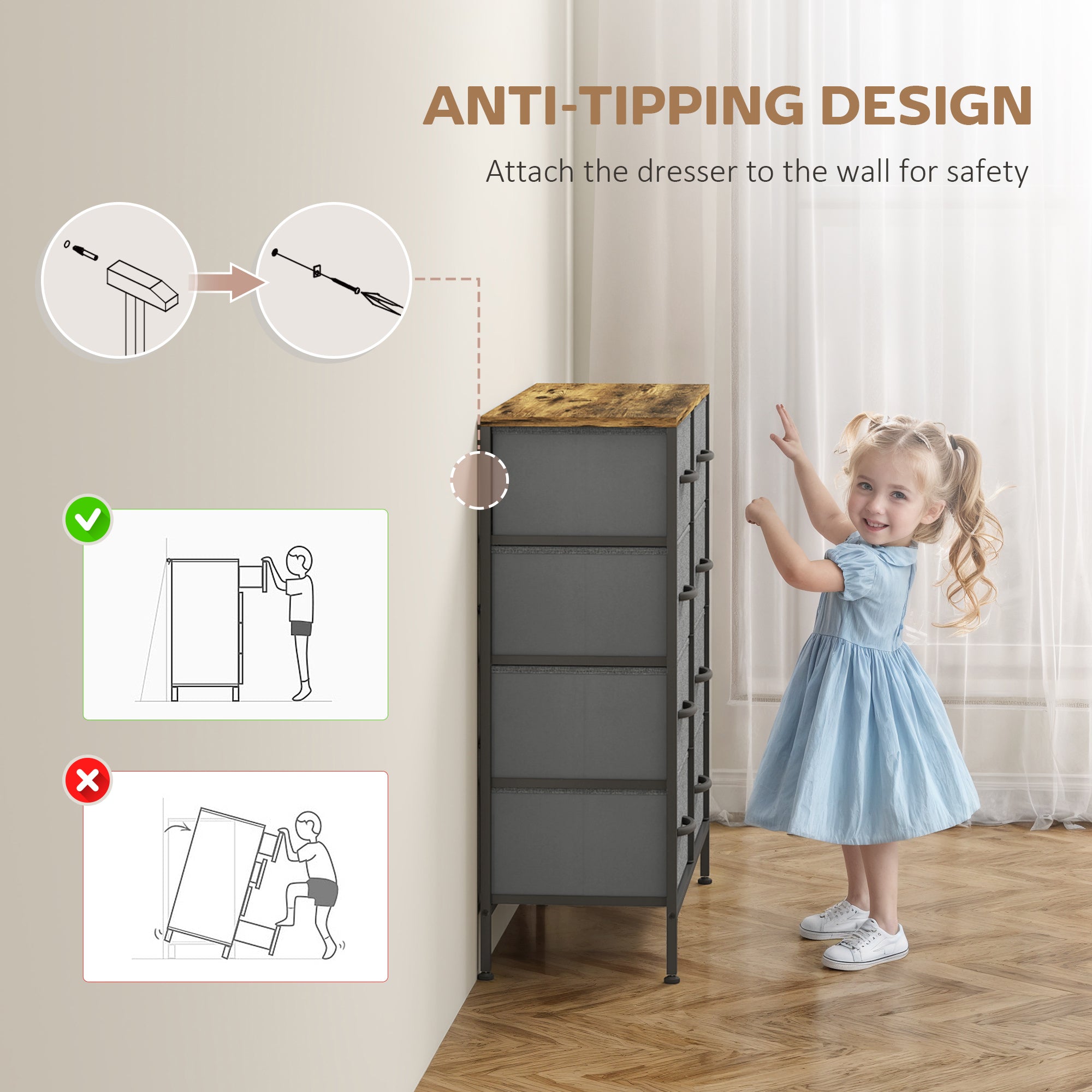 Fabric Chest of Drawers, Industrial Bedroom Dresser with 8 Fabric Drawers, Steel Frame and Wooden Top for Nursery, Living Room, Hallway, Rustic Brown and Grey