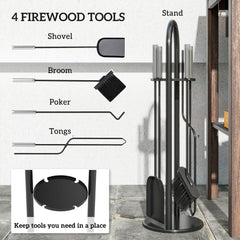 Fynco - 5 Pieces Fireplace Tools Set, Metal Fireplace Accessories Fireside Companion Set with Broom, Shovel, Poker and Bucket, Silver