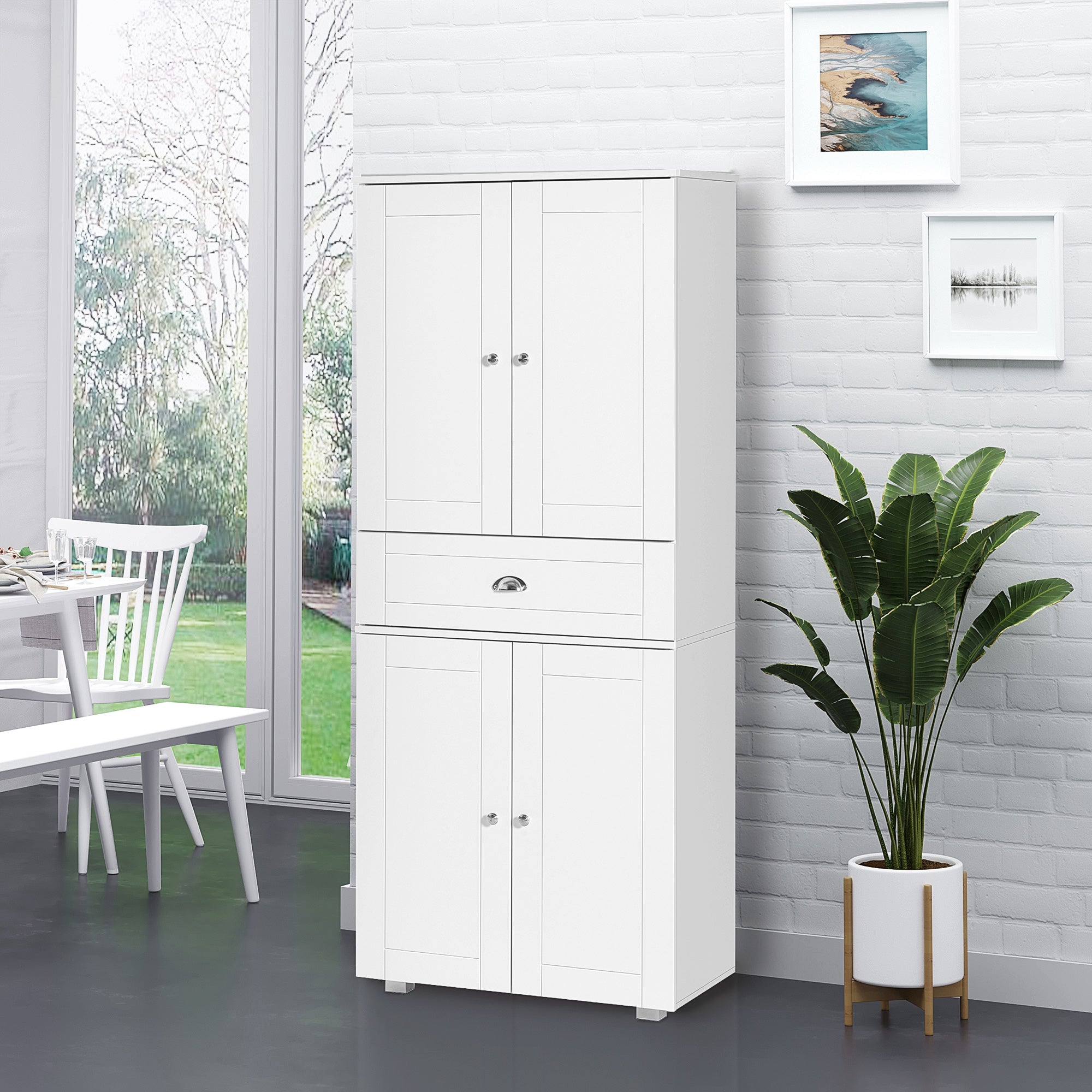 Fynco - Freestanding Tall Kitchen Cupboard Storage Cabinets with Drawer and 3 Adjustable Shelves for Dining Room, Living Room, White