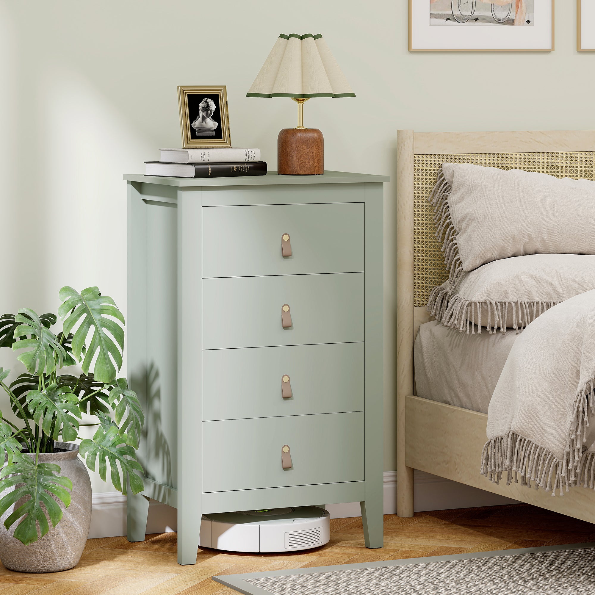 Bedroom Chest of Drawers, Modern 4 Drawer Dresser Cabinet with PU Leather Handles and Metal Runners for Living Room, Hallway, Entryway, Green