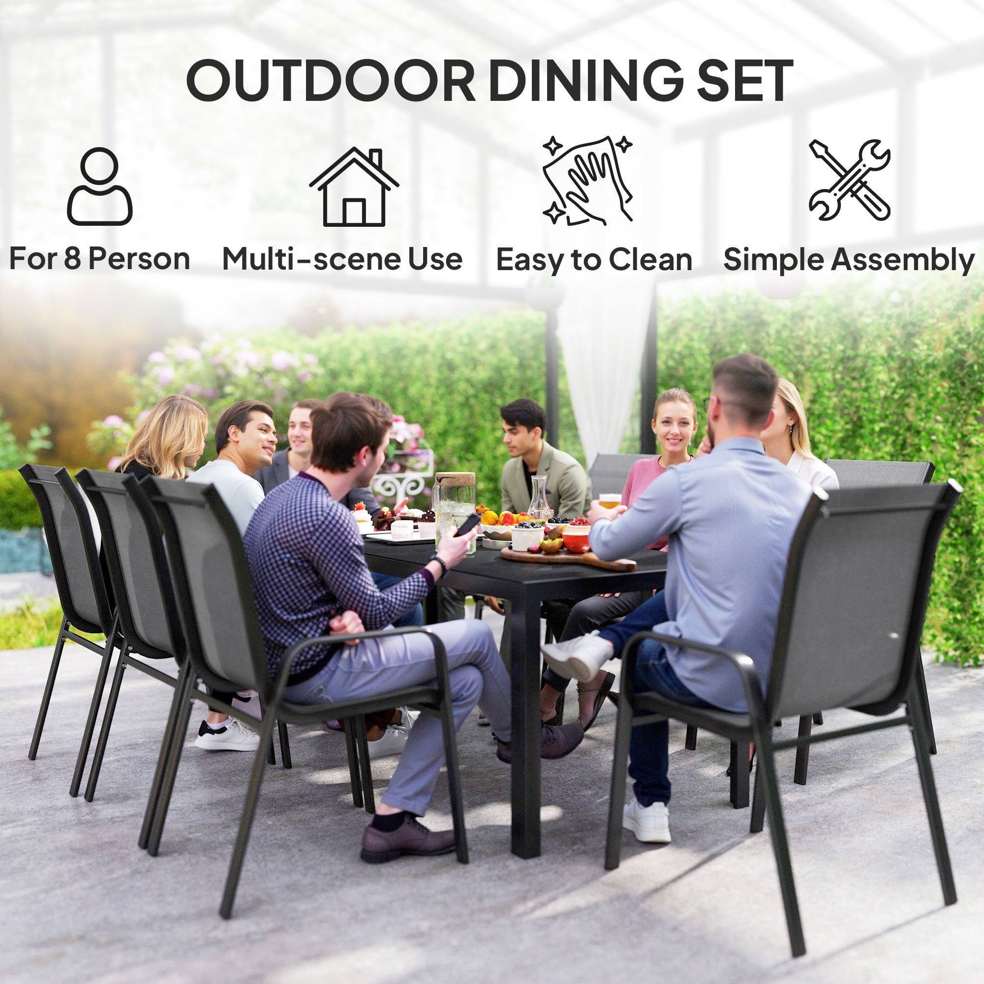 8 Seater Garden Dining Set with Stacking Chairs, Rectangular Tempered Glass Top, Garden Furniture Set, Outdoor Dining Table and Chairs for Patio, Balcony, Poolside, Dark Grey