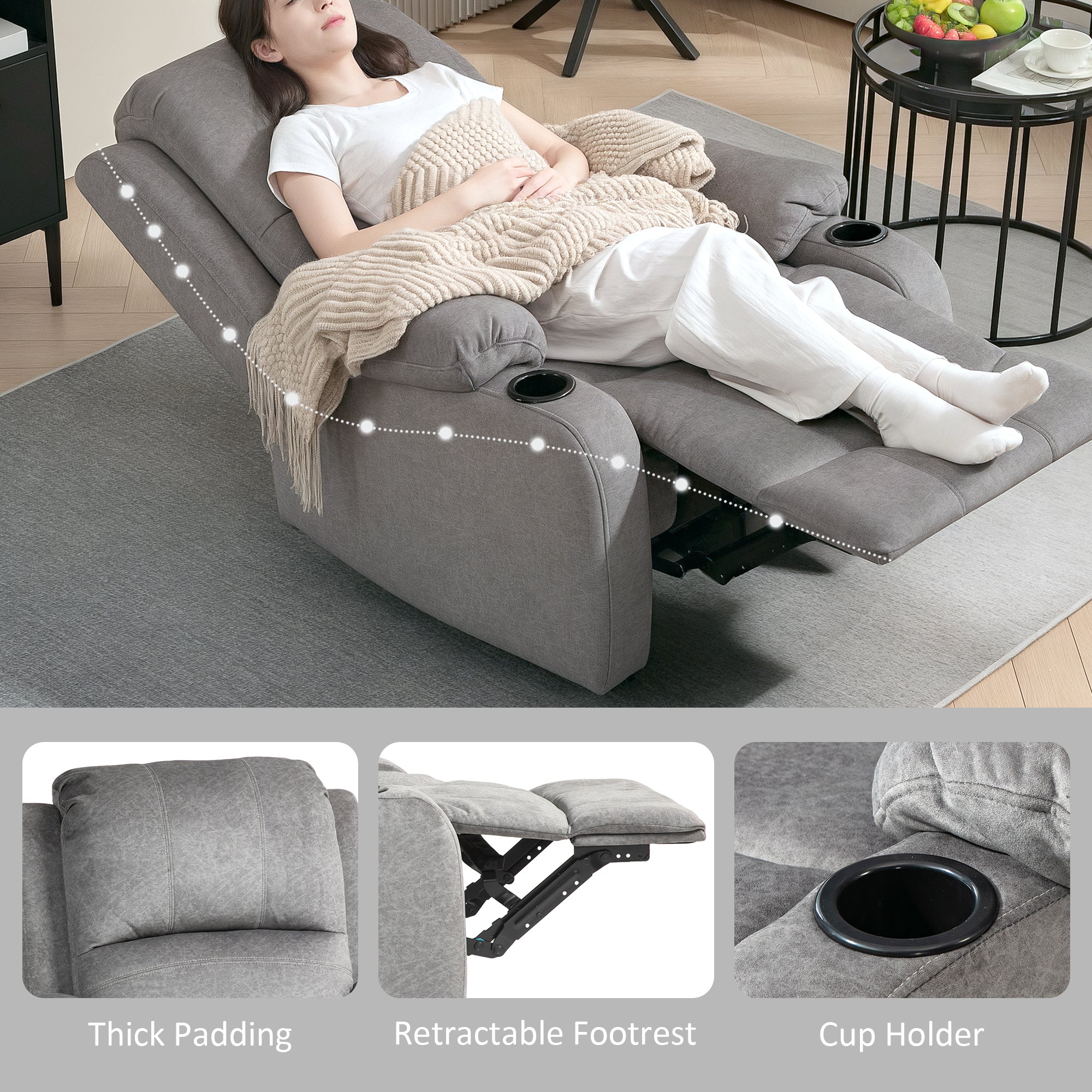 Microfibre Manual Reclining Armchair, with Footrest - Grey