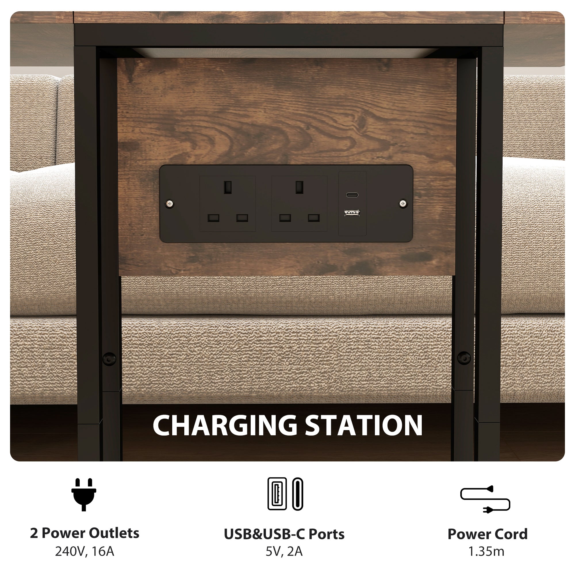 Fynco - C Shaped Side Table with Charging Station and Foldable Top - Rustic Brown