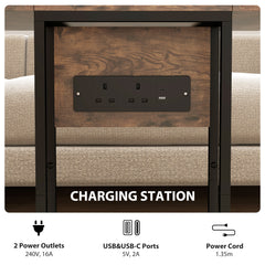Fynco - C Shaped Side Table with Charging Station and Foldable Top - Rustic Brown