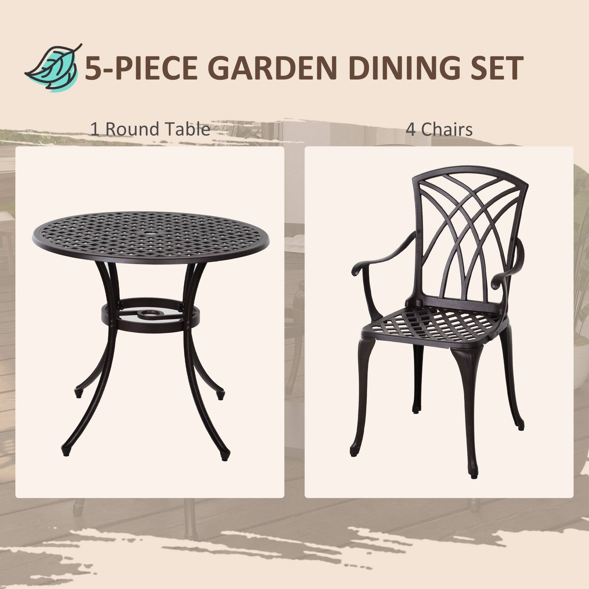 5 Pieces Garden Dining Set for 4, Cast Aluminium Outdoor Dining Set with 4 Armchairs and Round Dining Table with Parasol Hole, Garden Furniture Set, Brown