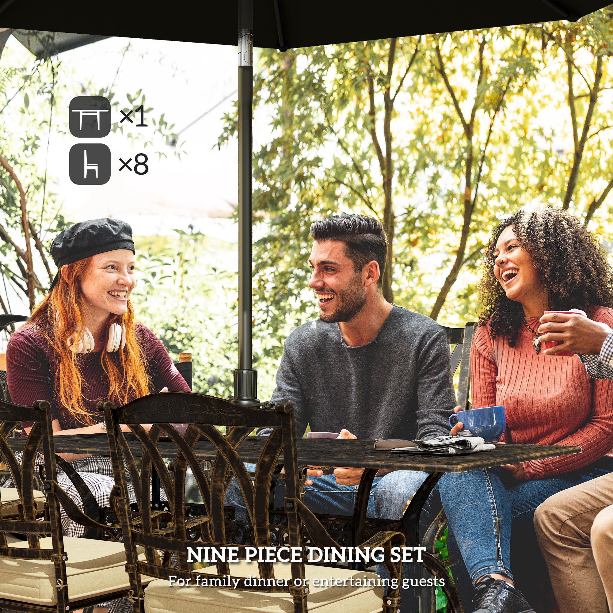 Nine-Piece Cast Aluminium Garden Dining Set - Bronze Tone