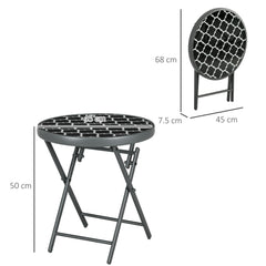 Φ45cm Garden Side Table, Outdoor Round Folding Patio Table with Imitation Marble Glass Top, Small Coffee Table, Black and White