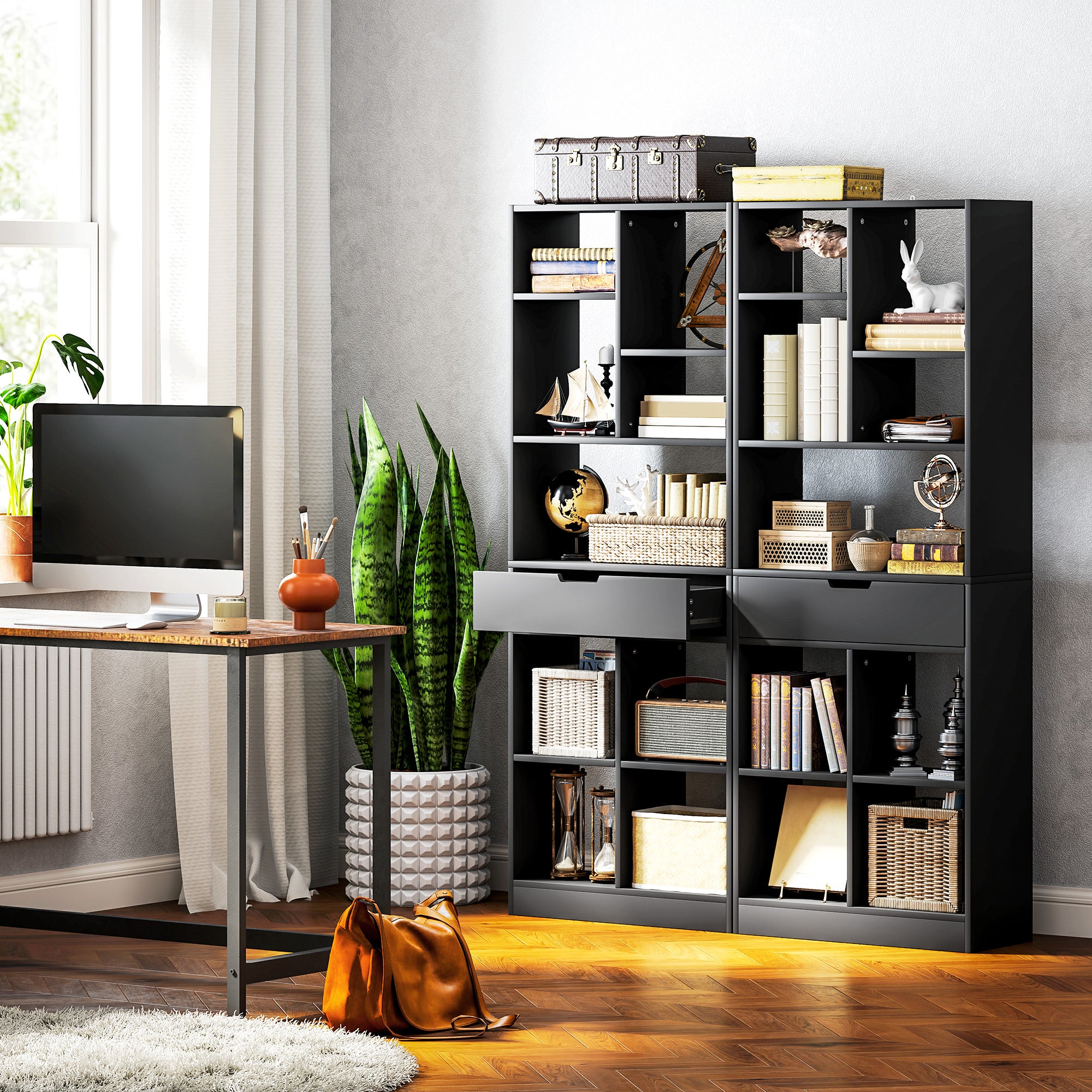 Fynco - Tall Bookshelf with Drawer, Freestanding Bookcase for Bedroom, Living Room, Home Office, Black