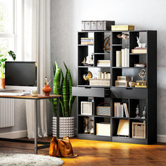 Fynco - Tall Bookshelf with Drawer, Freestanding Bookcase for Bedroom, Living Room, Home Office, Black