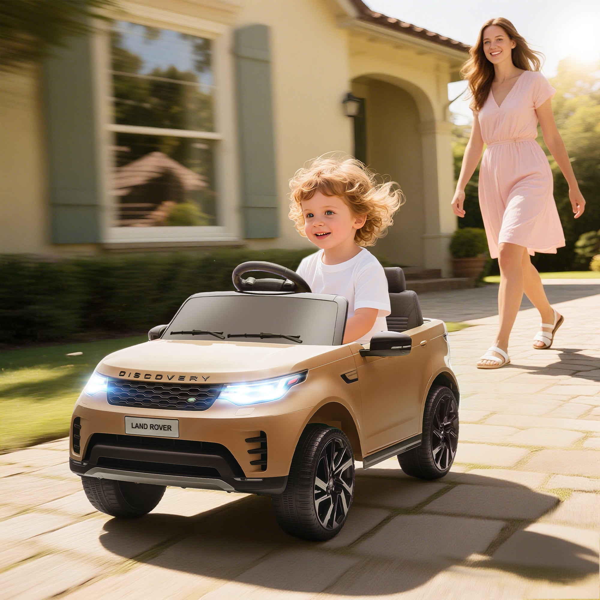 AIYAPLAY Land Rover Discovery Licensed 12V Kids Electric Car with Remote, 4 Wheel Suspension, Slow Start, Lights, Music, Khaki