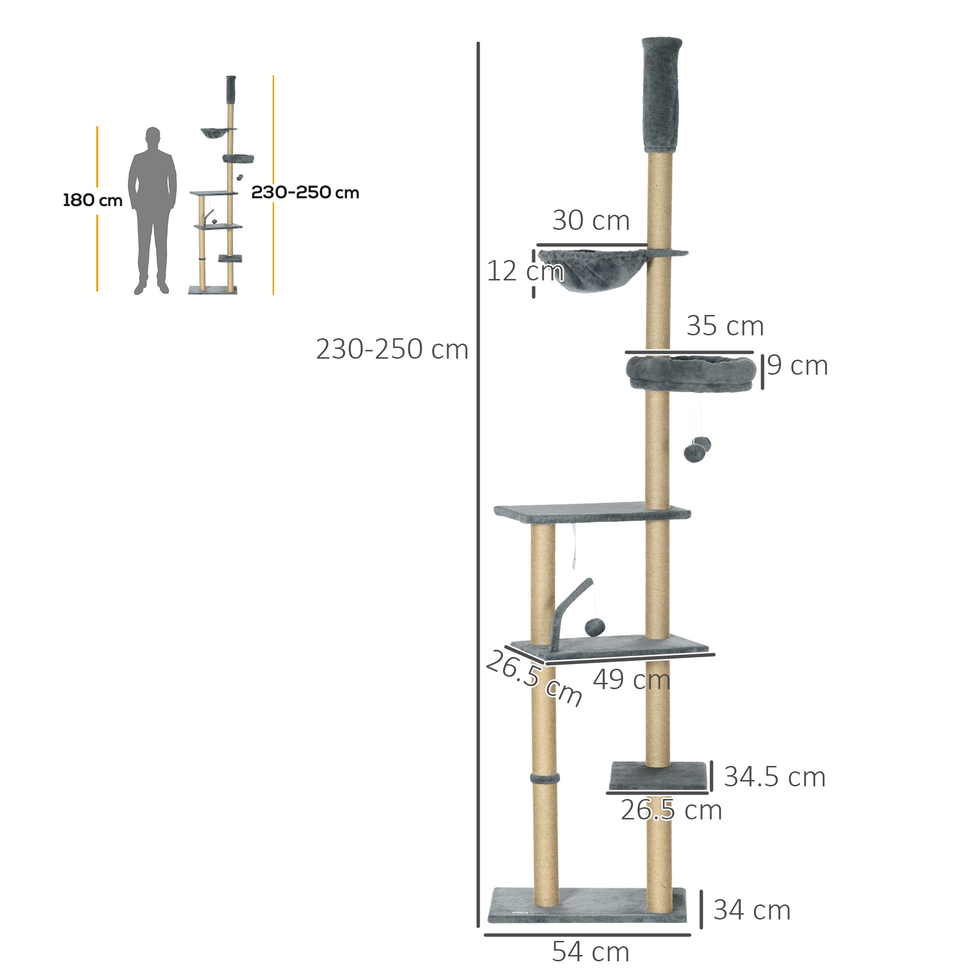 Floor to Ceiling Cat Tree for Indoor Cats, 6-Tier Play Tower Climbing Activity Center with Scratching Post, Platforms, Bed, Hammock, Adjustable Height 230-250cm, Grey
