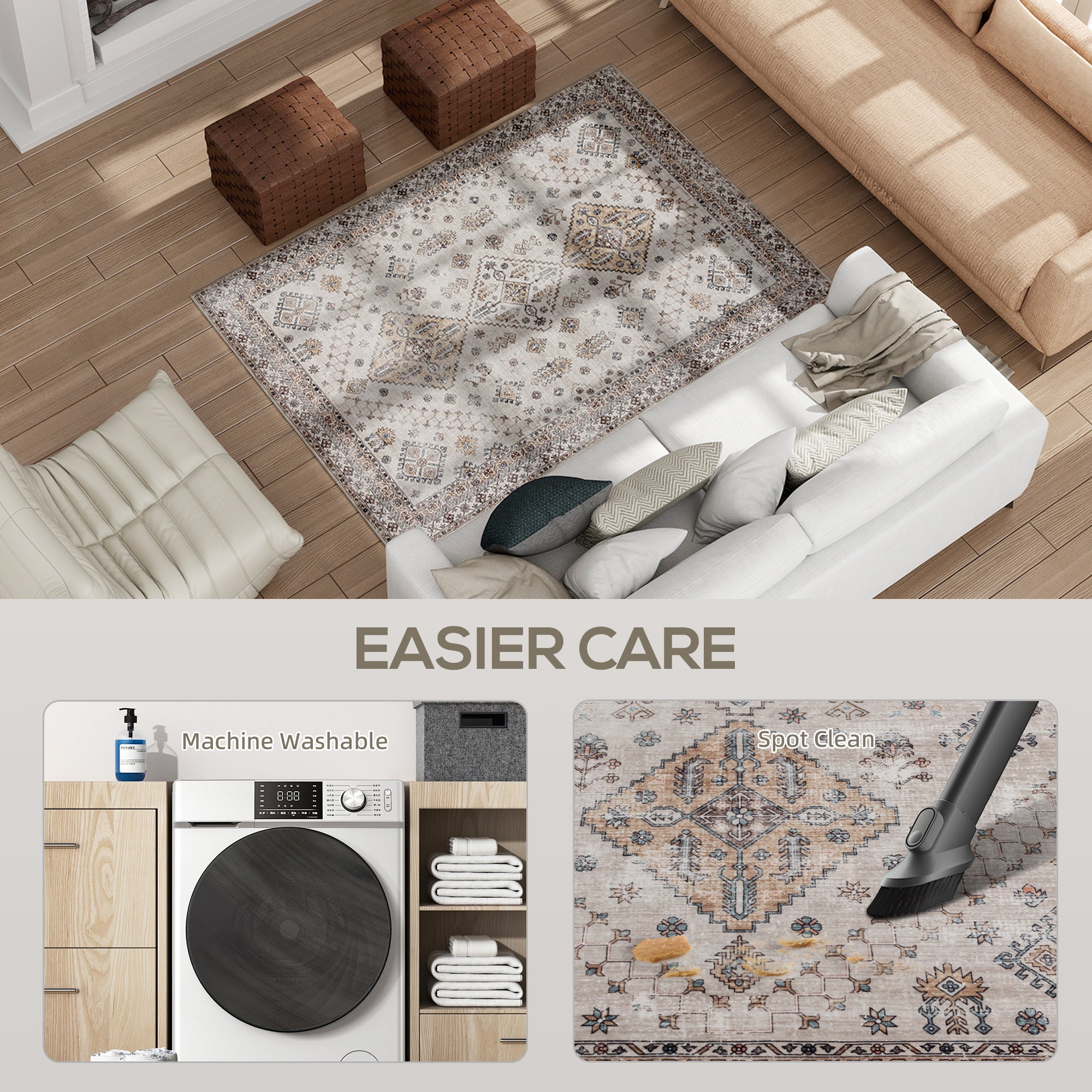 Fynco - Vintage Area Rug, Non-Slip Washable Rug, Flannel Floor Carpet for Living Room, Bedroom, Dining Room, Home Office, 170 x 120 cm, Beige