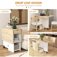 Folding Dining Table, Drop Leaf Table for Small Spaces, Foldable Table with Drawer and Storage Shelves for Kitchen, Dining Room, Oak