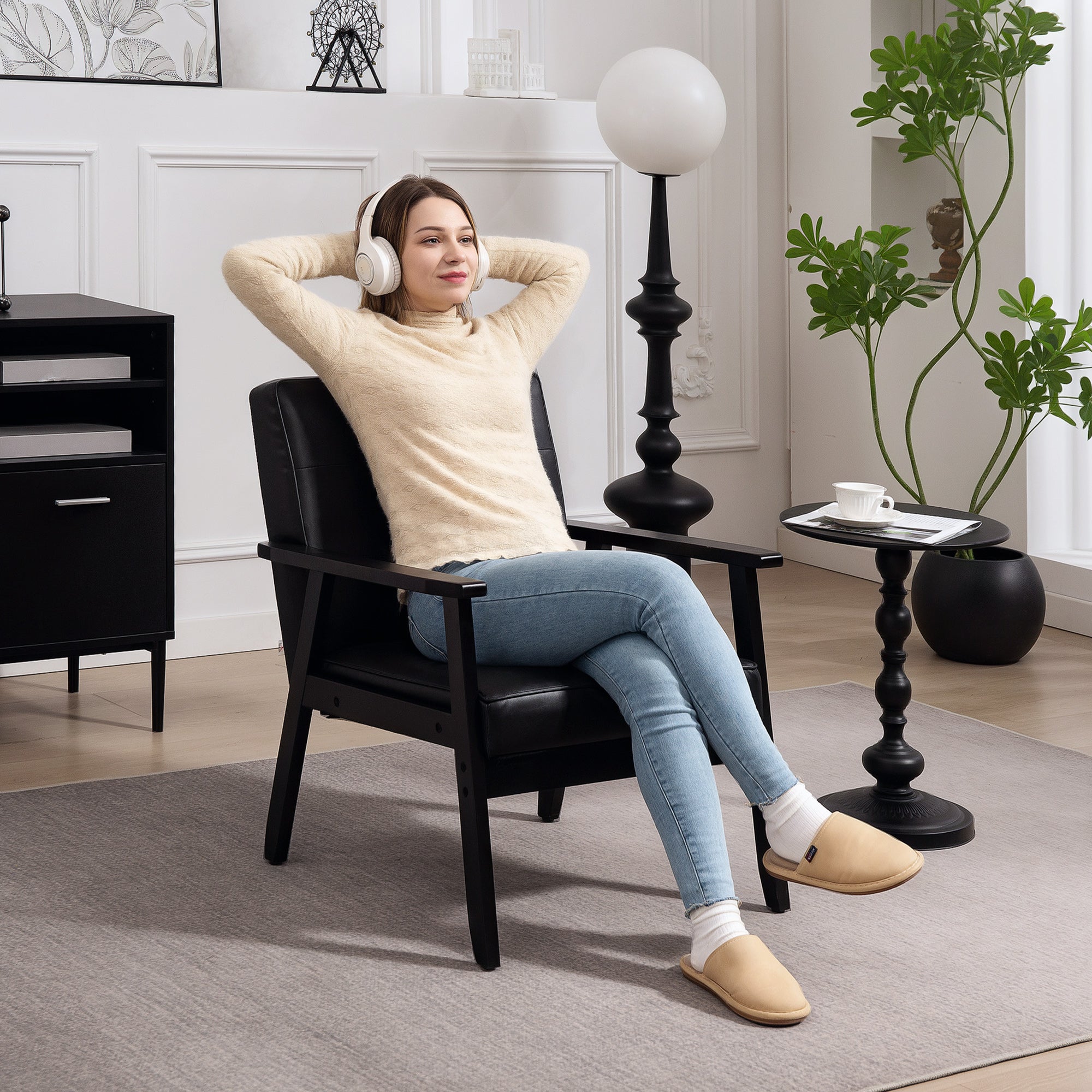 Retro-Style Accent Chair, with Faux Leather Seat - Black