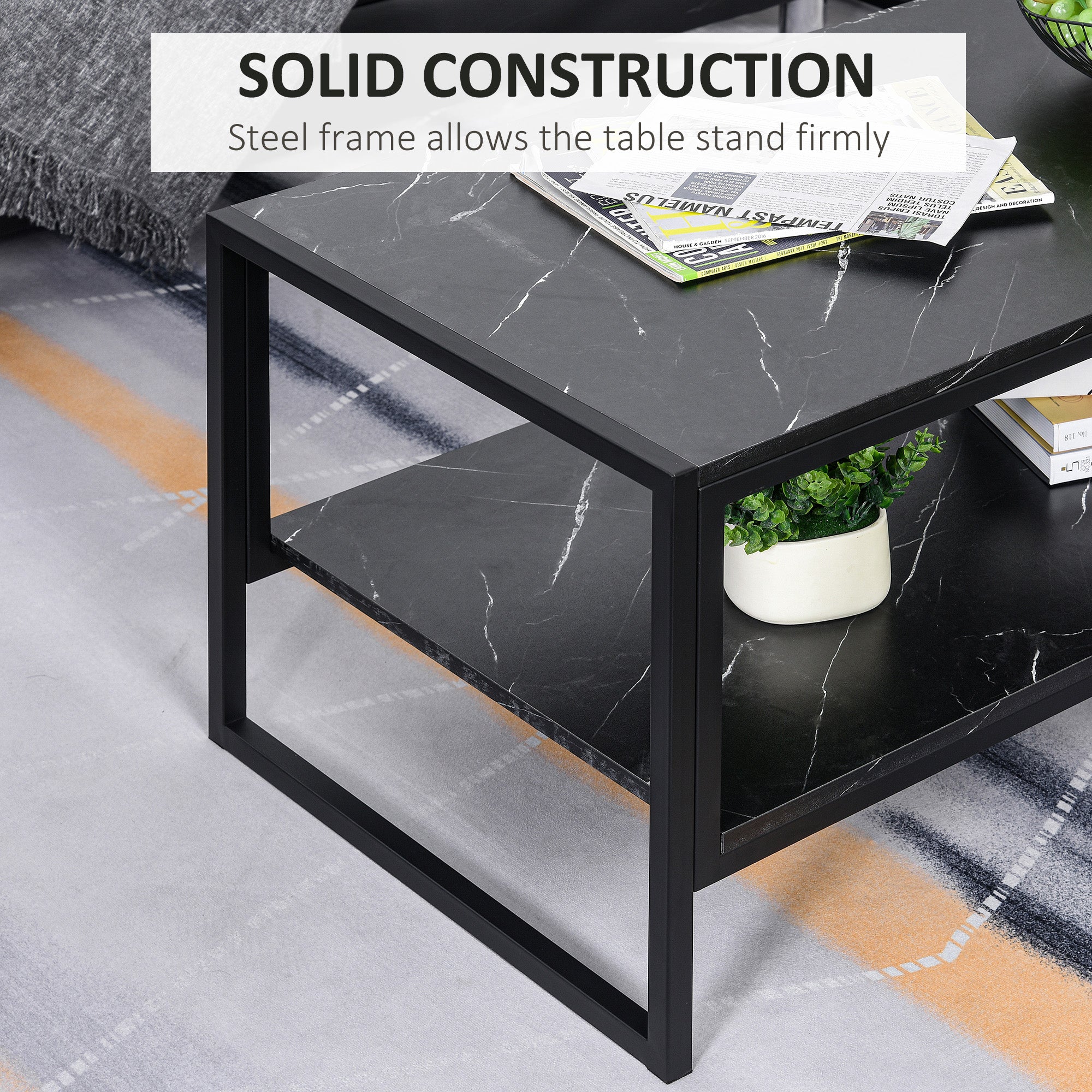 Coffee Table, Two-Tier Marble Centre Table with Metal Frame and Storage Shelf for Living Room, 106 x 50 x 45cm, Black