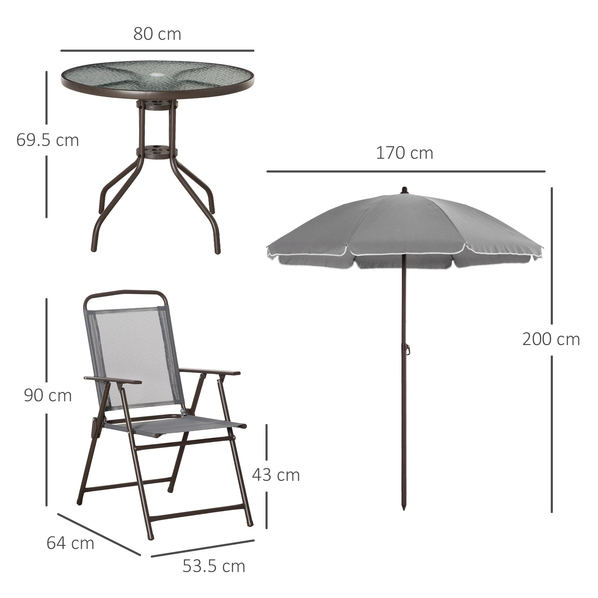 6 Piece Garden Dining Set with Umbrella, Outdoor Dining Sets with Parasol, 4 Folding Dining Chairs & Round Tempered Glass Table, Grey