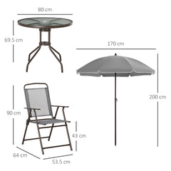 6 Piece Garden Dining Set with Umbrella, Outdoor Dining Sets with Parasol, 4 Folding Dining Chairs & Round Tempered Glass Table, Grey