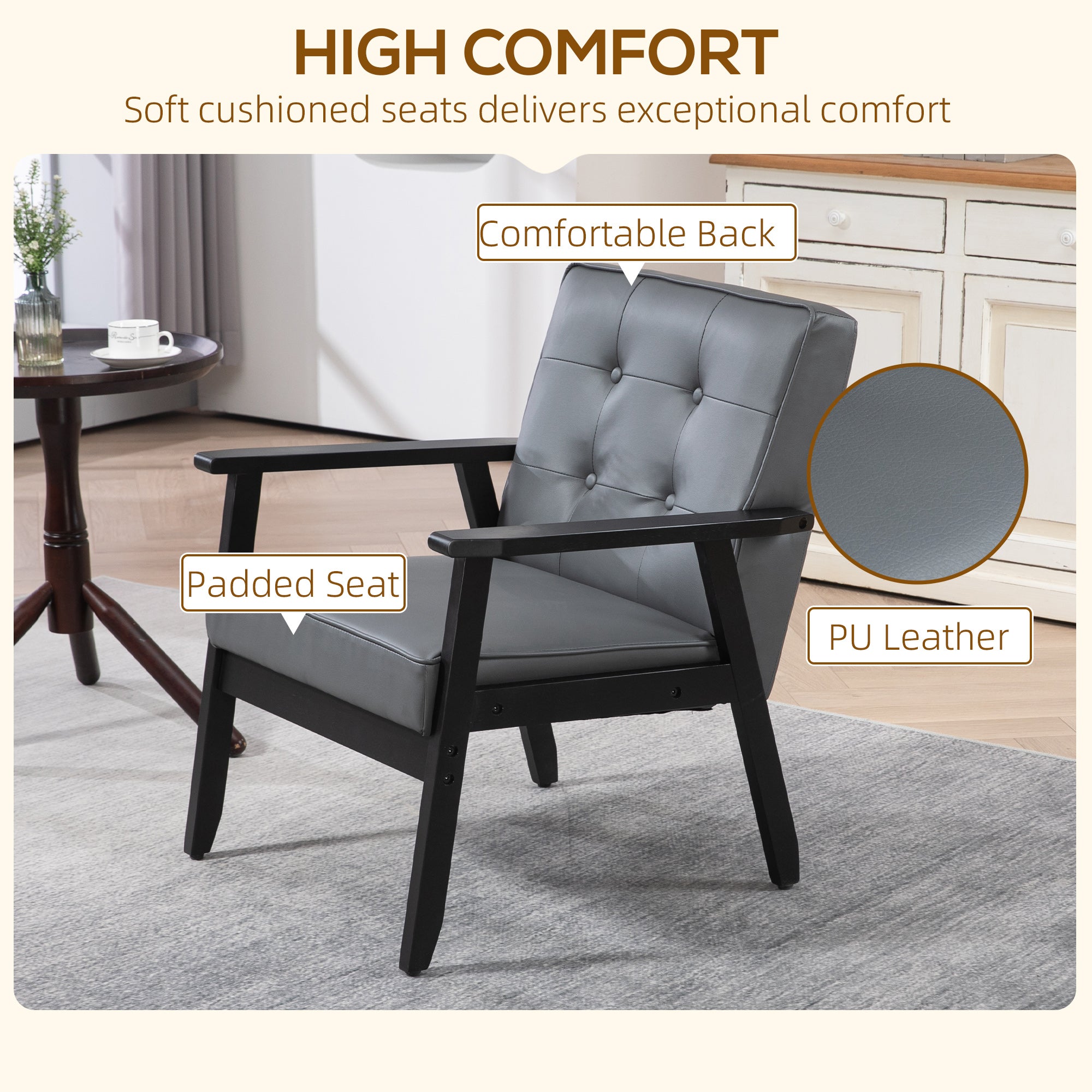 Set of 2 Accent Chair, PU Leather Armchair, Occasional Chair with Beech Wood Frame for Living Room Reception Bedroom Balcon, Grey