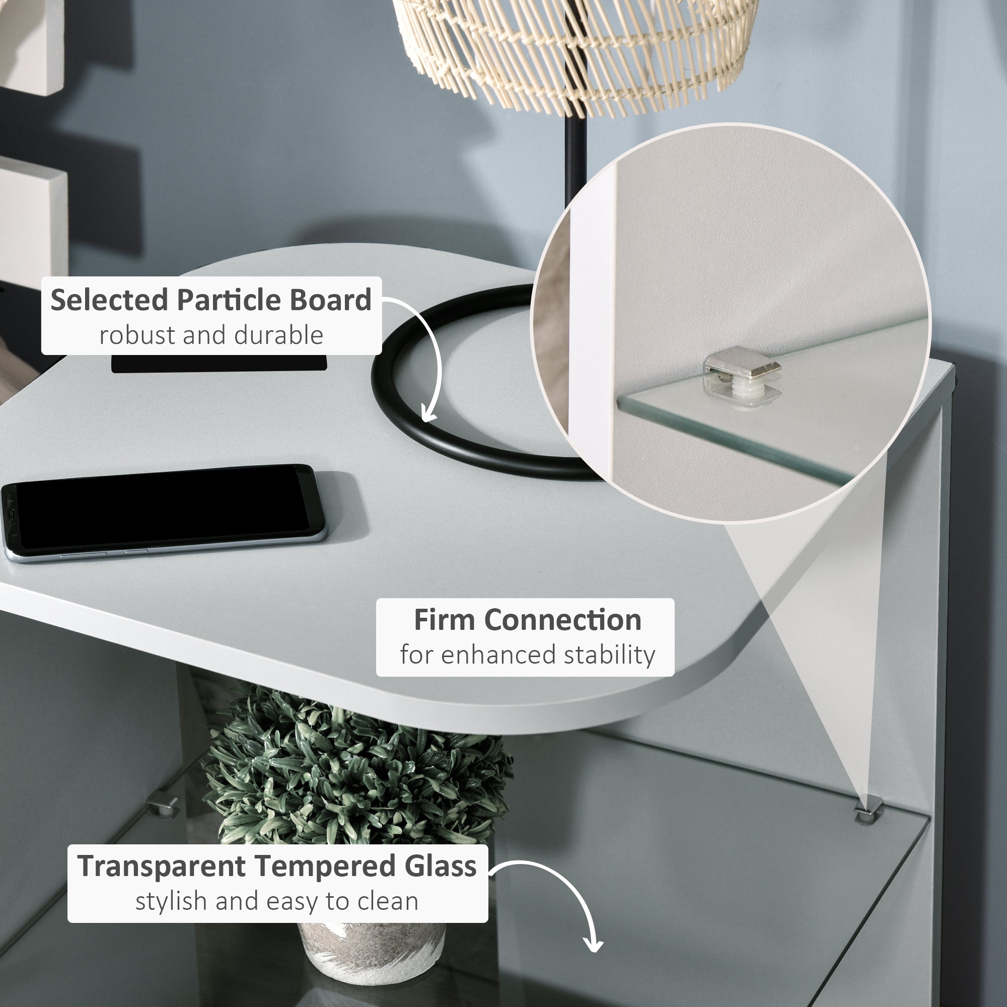 Modern Side Table Set of 2, Three Layer Bedside Table Nightstand with 2 Storage Shelves, for Living room, Bedroom, Grey