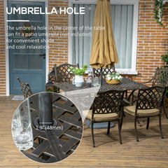 7 PCs Garden Patio Dining Set with Parasol Hole, Cast Aluminium Outdoor Furniture Set with Six Cushioned Chairs and Rectangle Dining Table, for Garden, Lawn, Deck, Bronze Tone