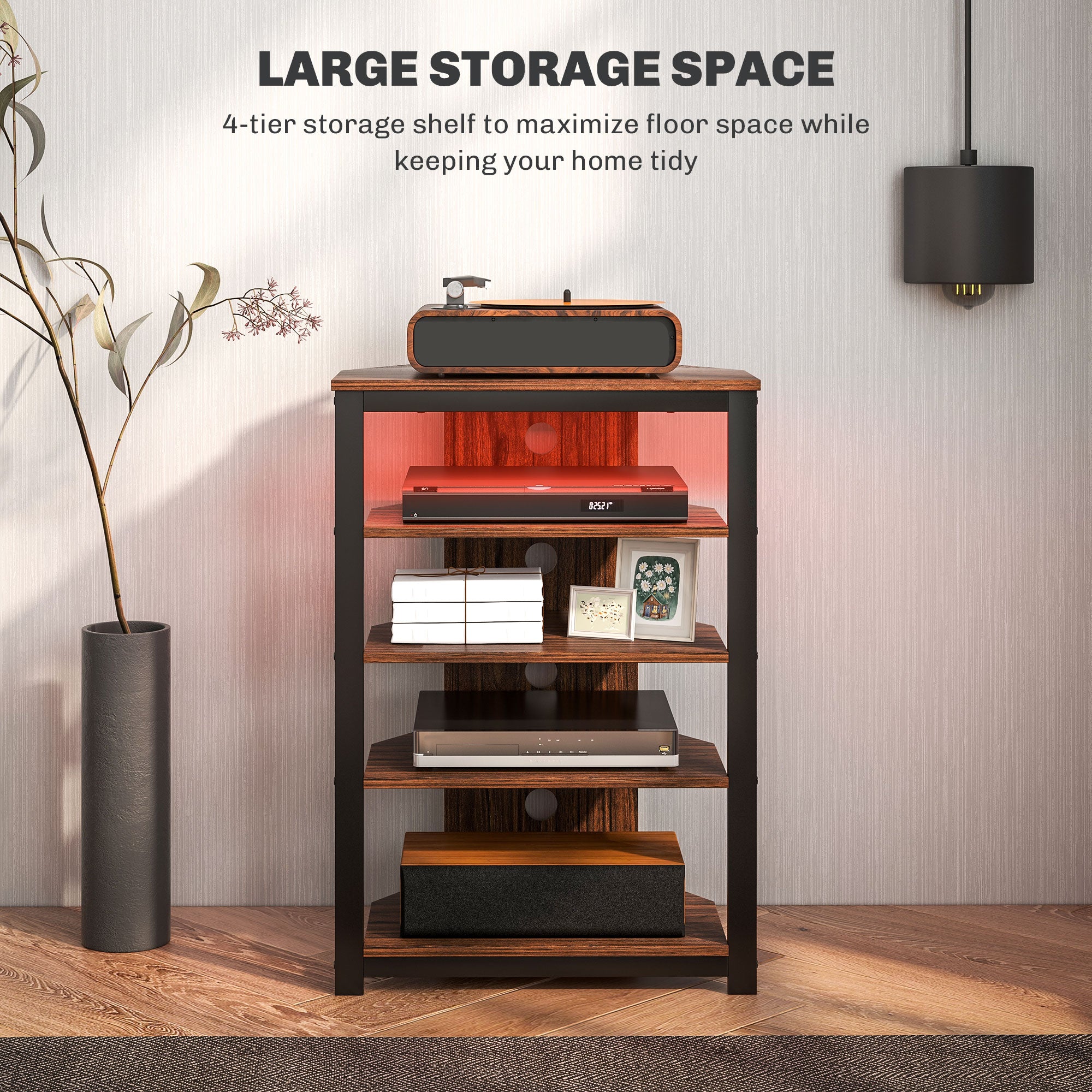 4-Tier Corner TV Stand with Storage, LED Lights, Cable Management, Small TV Unit Entertainment Centre for TVs up to 29", for Living Room, Bedroom