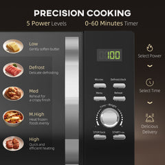 23L 800W Microwave Oven, Digital Solo Microwave with 5 Power Levels, Automatic Defrost, 8 Auto Cook Menus, 60 Minutes Timer, Clock, Easy Clean, Small Black Microwave