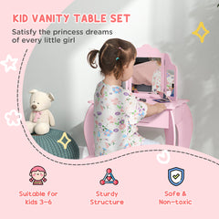 Fynco - Kids Vanity Table and Chair Set with Tri-Folding Mirror and Stool, Makeup Dressing Table with Drawer, Pink