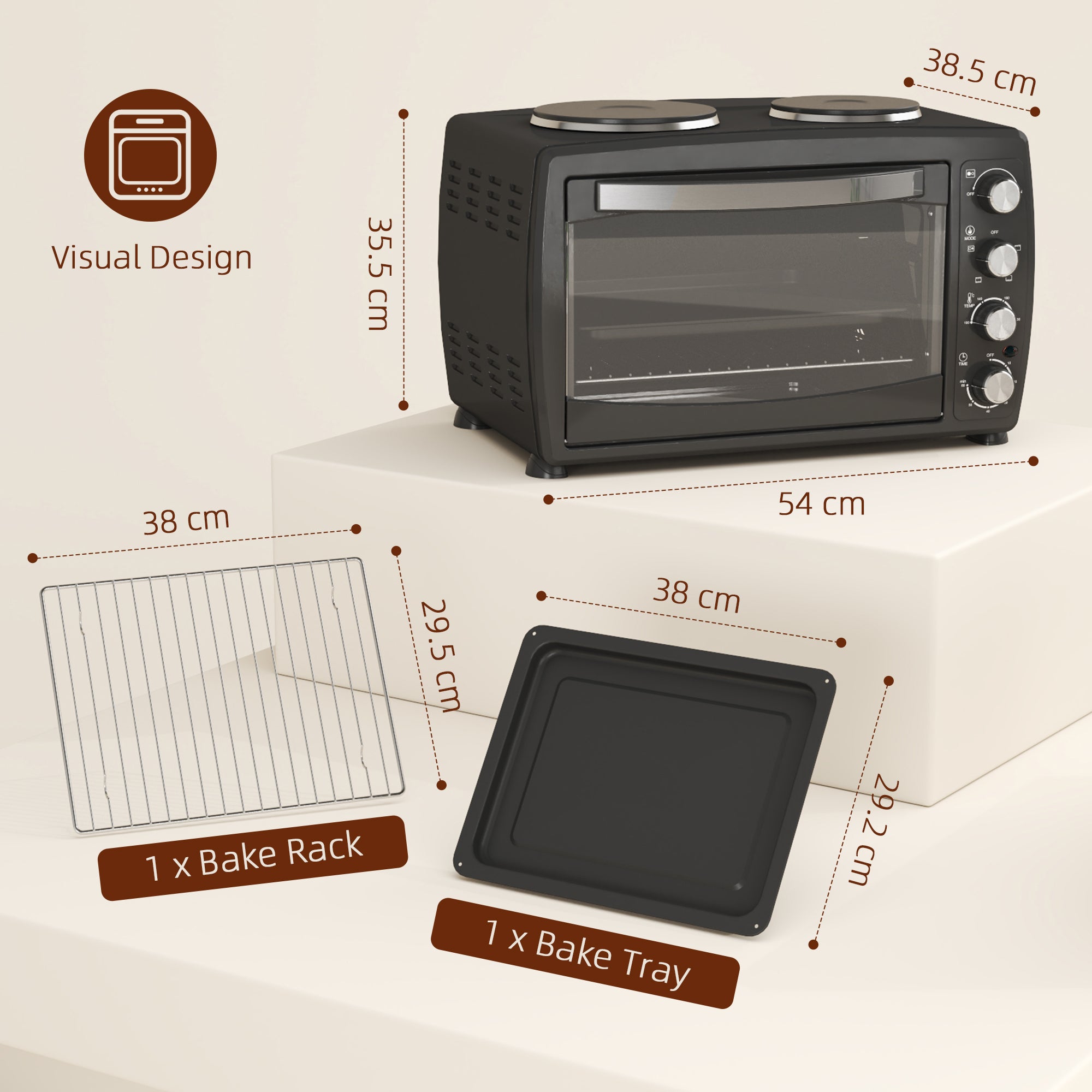36L Small Oven with 2 Hot Plates, Countertop Toaster Oven, Grill, Roast, Bake, Boil, with Timer, Adjustable Temperature, Electric Oven with Baking Tray, Grill Rack, Crumb Tray, 2600W, Black