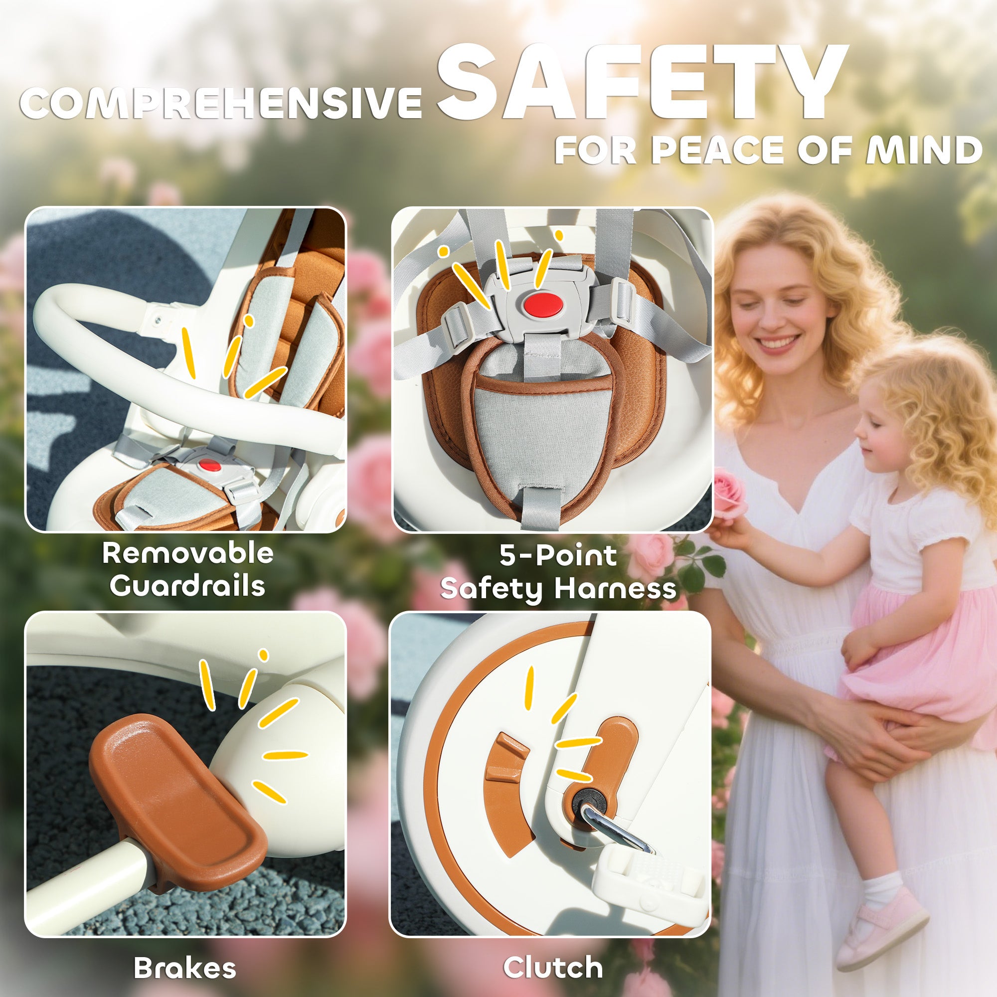 AIYAPLAY 5 in 1 Kids Trike with Adjustable Backrest, Toddler Tricycle with Push Handlebar, Adjustable Backrest, Cream White