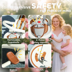 AIYAPLAY 5 in 1 Kids Trike with Adjustable Backrest, Toddler Tricycle with Push Handlebar, Adjustable Backrest, Cream White