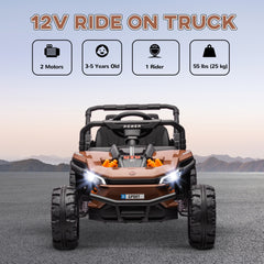 AIYAPLAY 12V Battery Powered Ride on Truck w/ Remote, Four Suspension Wheels, Horn, Lights, Music, USB, for Ages 3-5 Years, Brown