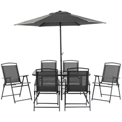Eight-Piece Garden Dining Set, with Chairs, Table and Parasol - Black