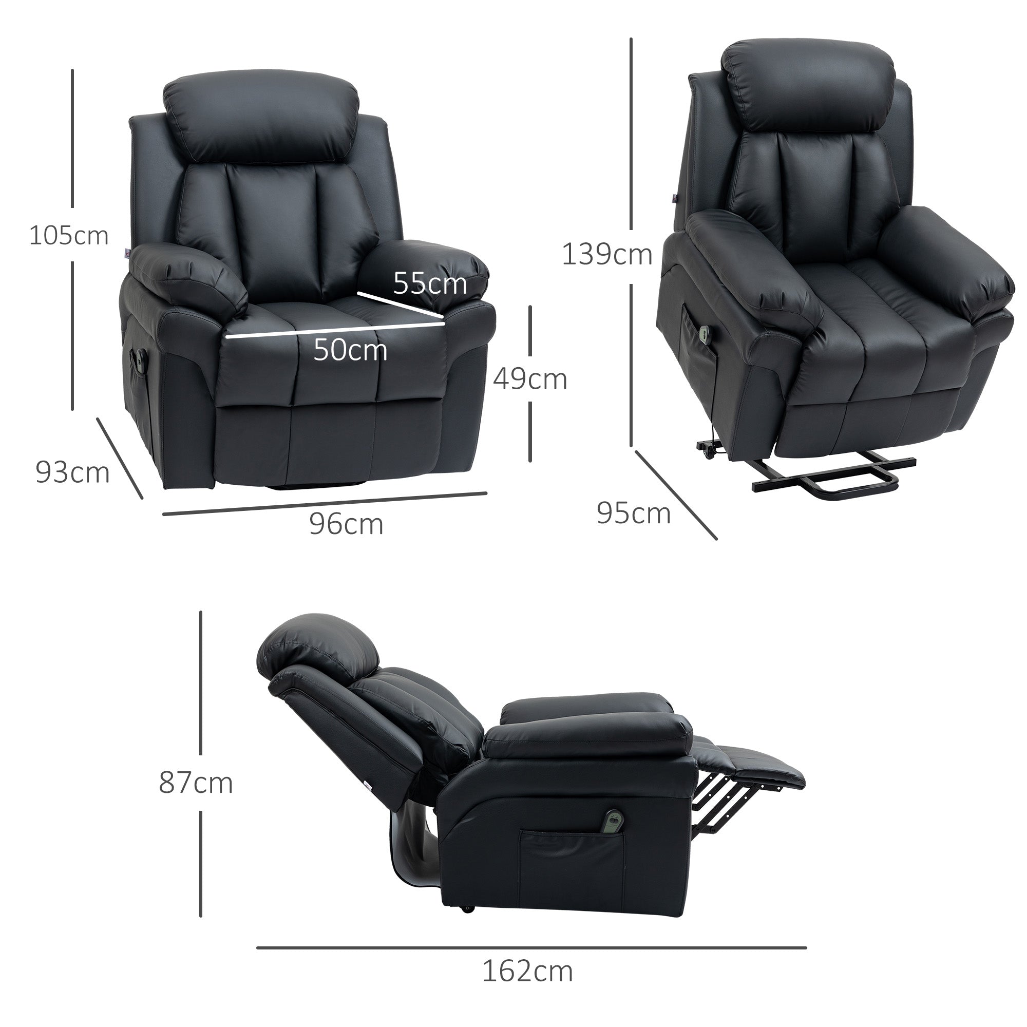 Fynco - Power Lift Chair Recliner for Elderly, Electric Recliner Chair, Overstuffed Faux Leather Riser and Reclining Armchair with Remote Control, Side Pockets, for Living Room, Black