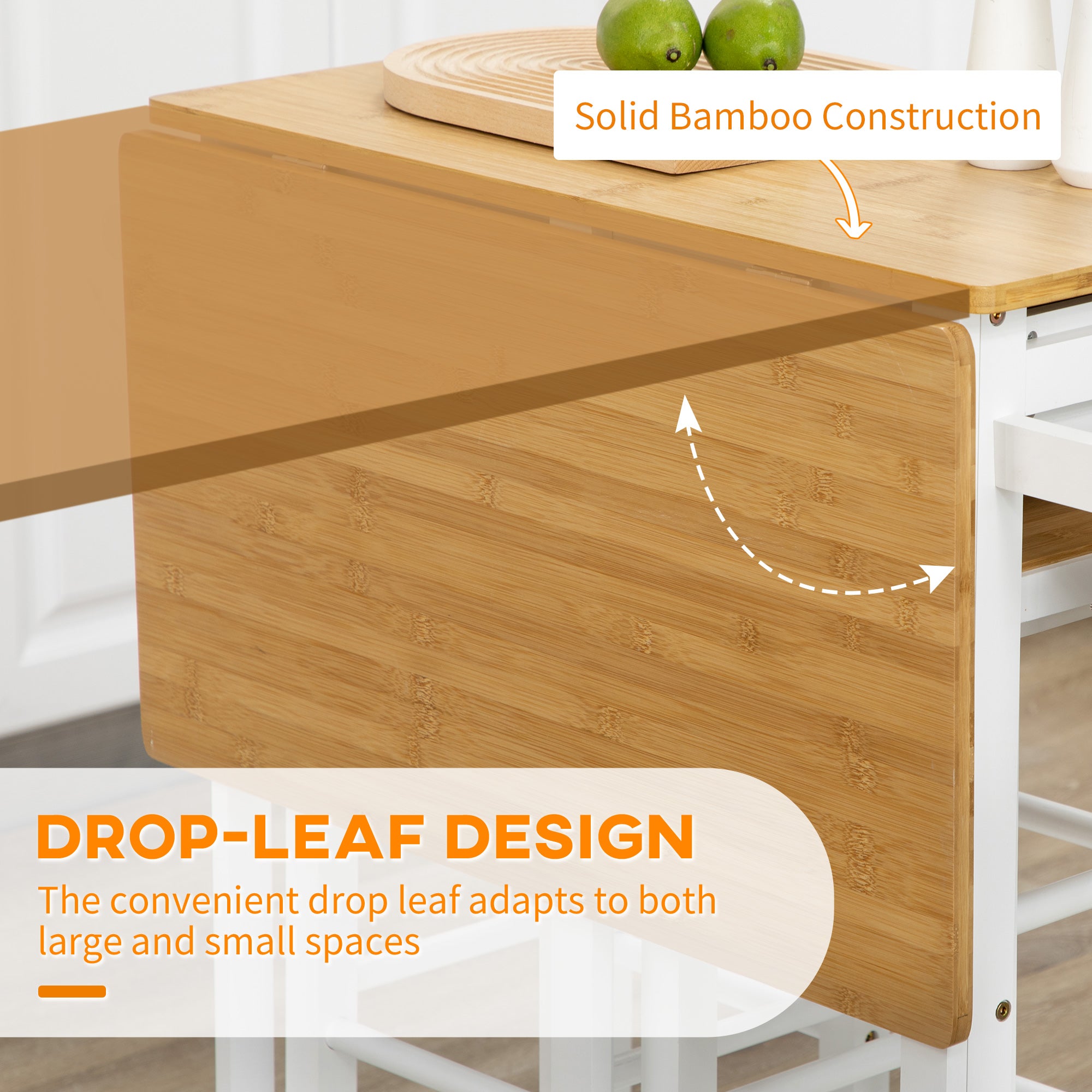 Fynco - Kitchen Island Set with 2 Stools, Bamboo Breakfast Cart with Drop Leaf Top, Drawers and Towel Rack, Rolling Kitchen Cart and Chairs Set, White