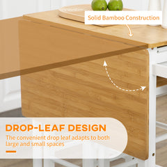 Fynco - Kitchen Island Set with 2 Stools, Bamboo Breakfast Cart with Drop Leaf Top, Drawers and Towel Rack, Rolling Kitchen Cart and Chairs Set, White