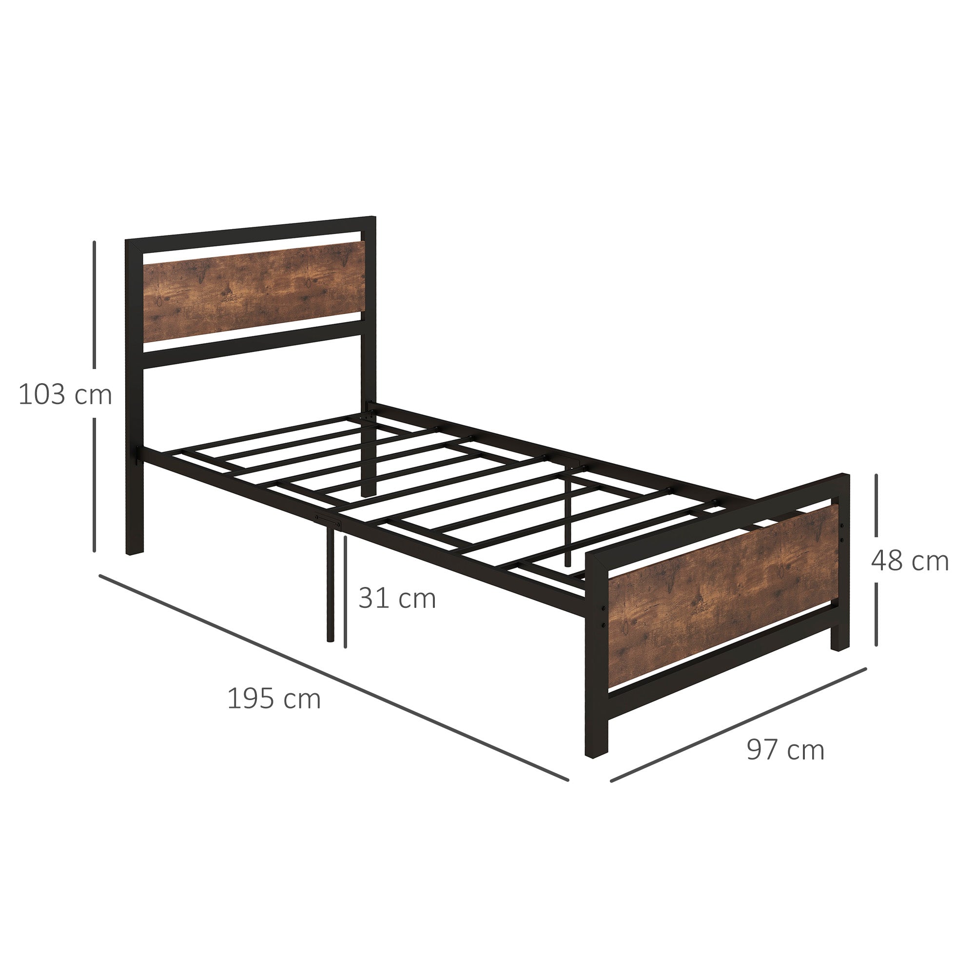 Single Size Metal Bed Frame with Headboard & Footboard, Strong Slat Support Solid Bedstead Base w/ Underbed Storage Space, Bedroom Furniture For Adults