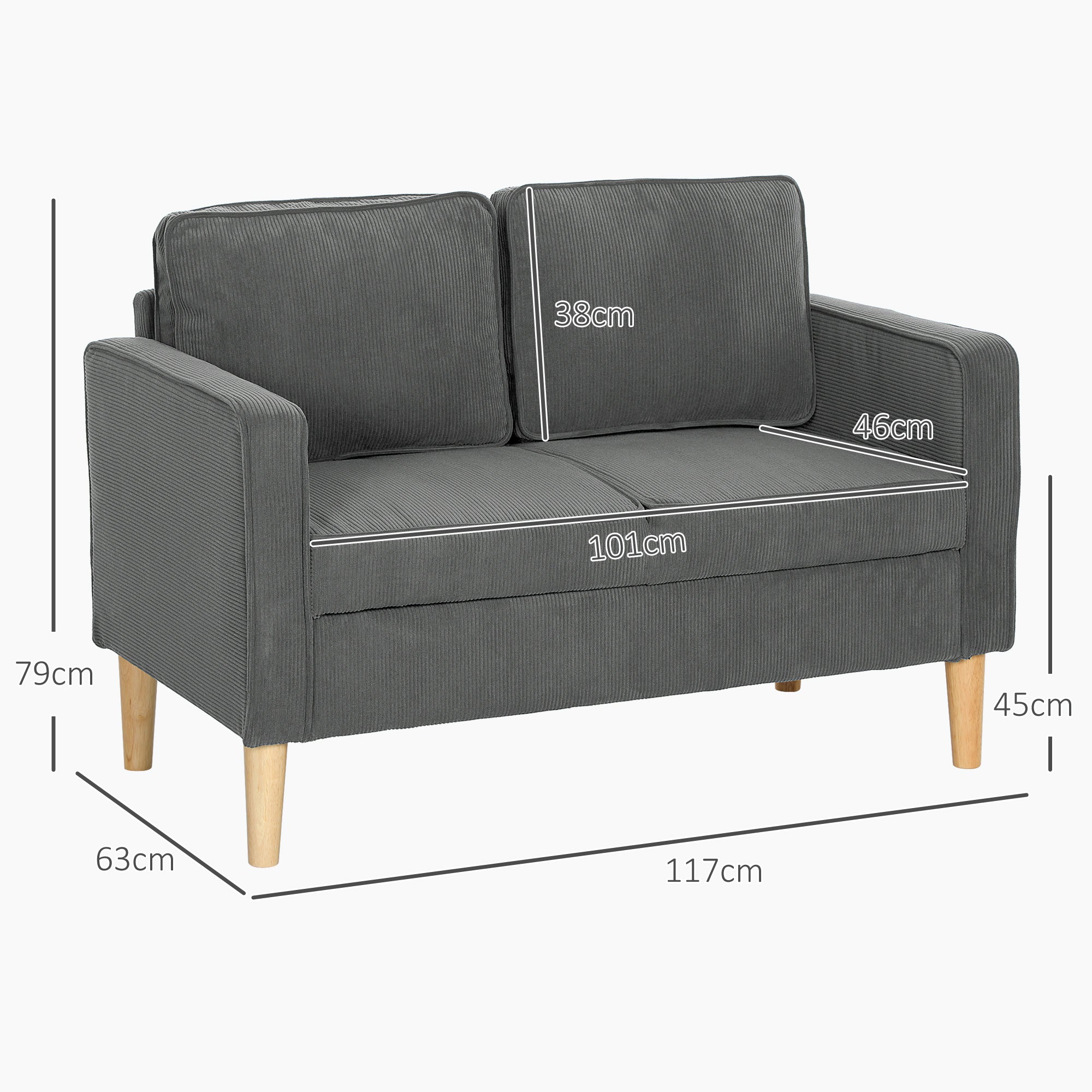 Small Two-Seater Corduroy Sofa - Grey